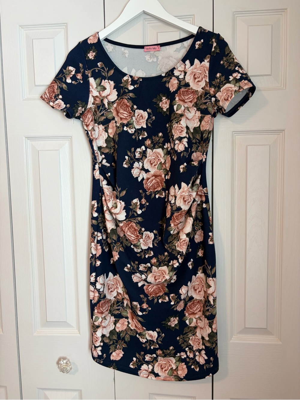 Maternity Floral Scoop Neck Navy Dress Pink Rose Print Sz Medium Wedding Date